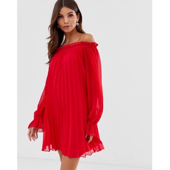 ASOS Red Pleated Trapeze Off the Shoulder Dress 6